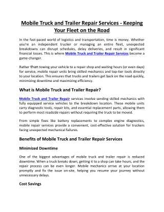 Mobile Truck and Trailer Repair Services - Keeping Your Fleet on the Road