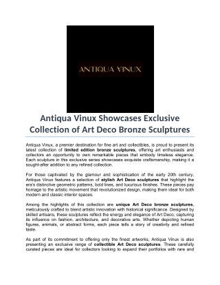 Antiqua Vinux Showcases Exclusive Collection of Art Deco Bronze Sculptures