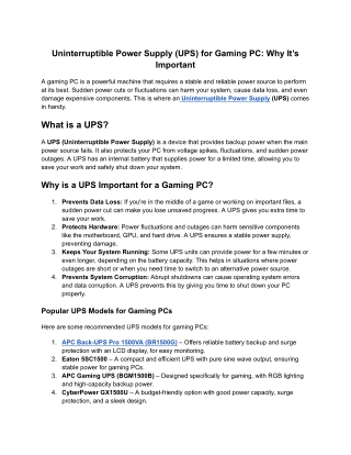 Uninterruptible Power Supply  (UPS) for Gaming PC