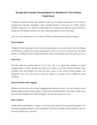 Escape the Crowds- Personalized Car Rentals for Your Chania Experience