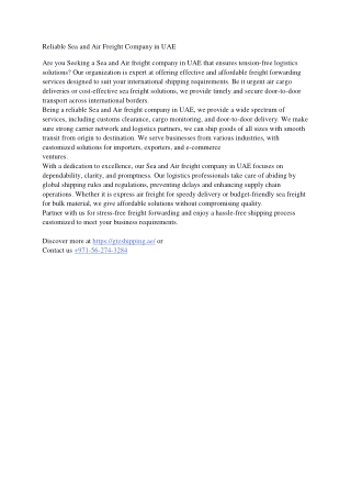 Reliable Sea and Air Freight Company in UAE