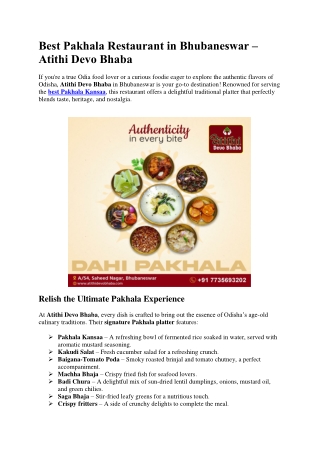 Best Pakhala Restaurant in Bhubaneswar - Atithi Devo Bhaba