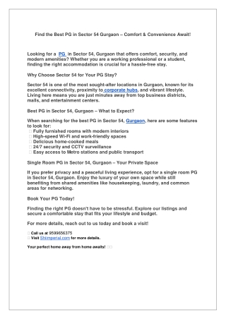 Find the Best PG in Sector 54 Gurgaon