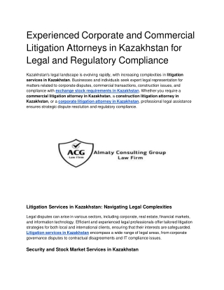 Experienced Corporate and Commercial Litigation Attorneys in Kazakhstan for Legal and Regulatory Compliance