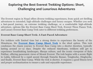 Exploring the Best Everest Trekking Options Short, Challenging and Luxurious Adventures