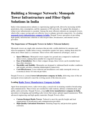 Monopole Tower Infrastructure and Fiber Optic Solutions in India