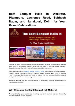 Best Banquet Halls in Wazirpur, Pitampura, Lawrence Road, Subhash Nagar, and Janakpuri, Delhi for Your Grand Celebration