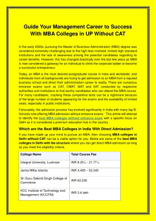 MBA Colleges in UP Without CAT