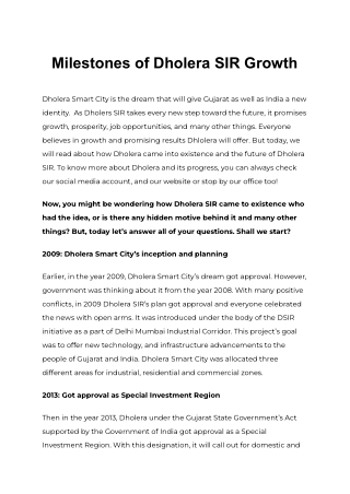 Milestones of Dholera SIR Growth