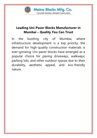Leading Uni-Paver Blocks Manufacturer in Mumbai  Quality You Can Trust