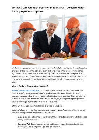 Worker’s Compensation Insurance in Louisiana - A Complete Guide for Employers and Employees