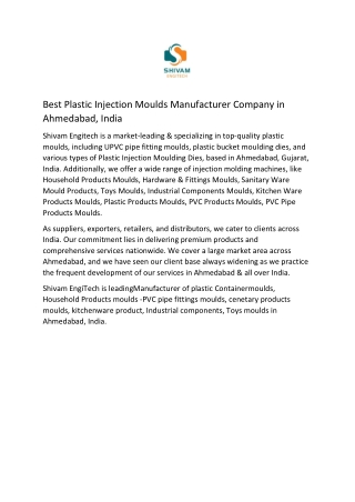 Best Plastic Injection Moulds Manufacturer Company in Ahmedabad