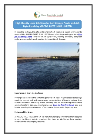Macro Sheet: Reliable Liner for Ash Dyke Ponds