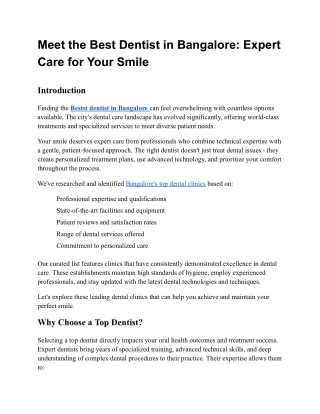Meet the Best Dentist in Bangalore: Expert Care for Your Smile