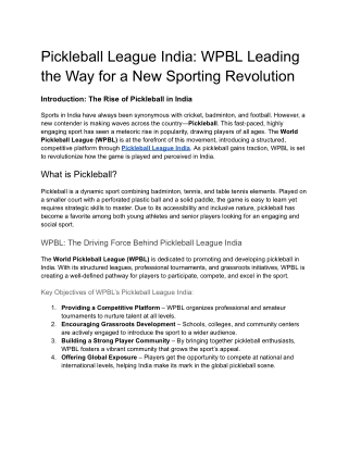 Pickleball League India- WPBL Leading the Way for a New Sporting Revolution