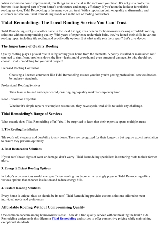 Tidal Remodeling: The Local Roofing Service You Can Trust