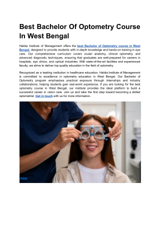 Best Bachelor Of Optometry Course In West Bengal