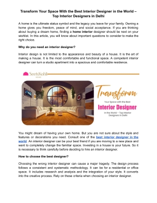 Transform Your Space With the Best Interior Designer in the World – Top Interior