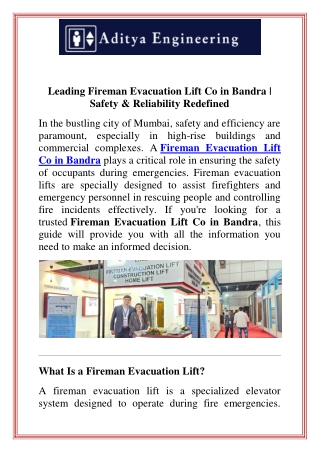 Leading Fireman Evacuation Lift Co in Bandra
