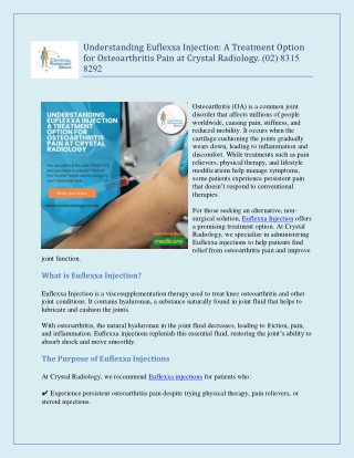 Understanding Euflexxa Injection A Treatment Option for Osteoarthritis Pain at Crystal Radiology. (02) 8315 8292