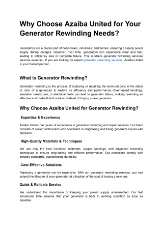 Why Choose Azaiba United for Your Generator Rewinding Needs