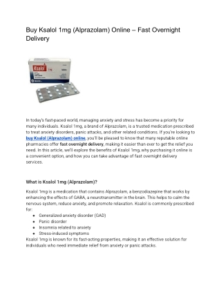 Buy Ksalol (Alprazolam) online