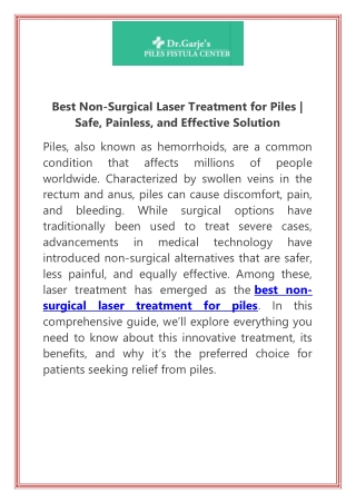 Best Non-Surgical Laser Treatment for Piles  Safe, Painless, and Effective Solution