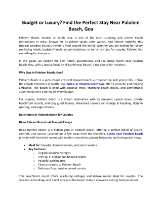 Hotels Near Palolem Beach - Hilias Retreat Resort