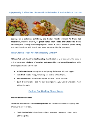 Enjoy Healthy & Affordable Dinner with Grilled Dishes & Fresh Salads at Truck Net