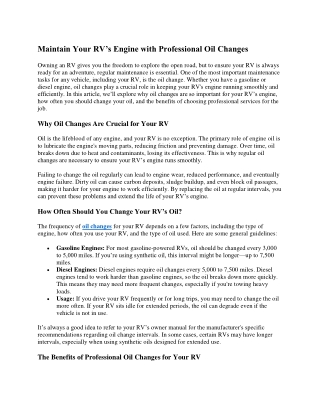 Maintain Your RV’s Engine with Professional Oil Changes