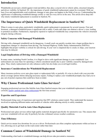 The Importance of Quick Windshield Replacement in Sanford NC