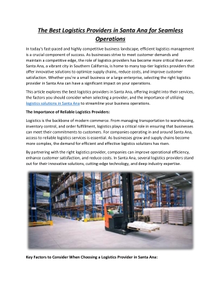The Best Logistics Providers in Santa Ana for Seamless Operations