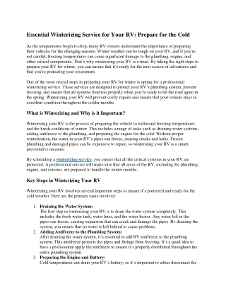 Essential Winterizing Service for Your RV: Prepare for the Cold