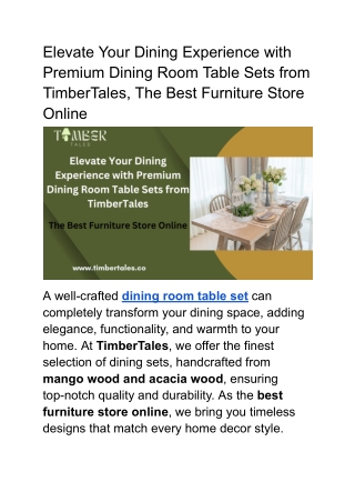 Elevate Your Dining Experience with Premium Dining Room Table Sets from TimberTales, The Best Furniture Store Online