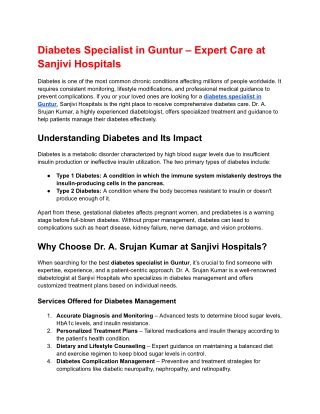 Diabetes Specialist in Guntur – Expert Care at Sanjivi Hospitals