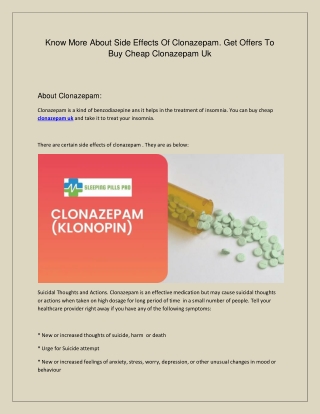 Know more about side effects of clonazepam. Get Offers to buy Cheap clonazepam uk