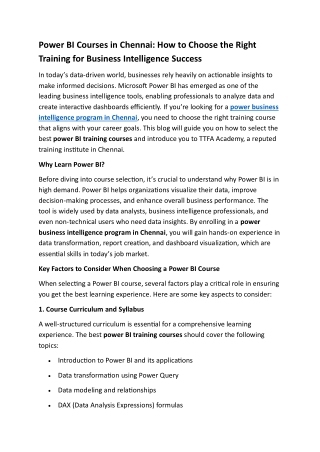 Power BI Courses in Chennai How to Choose the Right Training for Business Intelligence Success