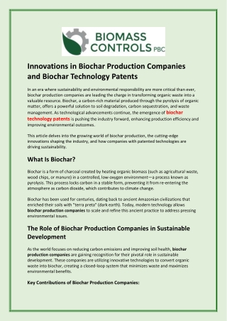 Innovations in Biochar Production Companies and Biochar Technology Patents