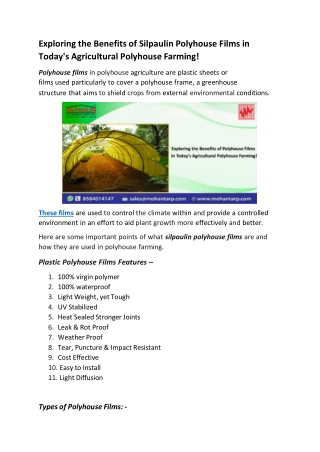 Exploring the Benefits of Polyhouse Films in Today's Agricultural Polyhouse Farming