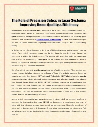 The Role of Precision Optics in Laser Systems - Improving Beam Quality & Efficiency