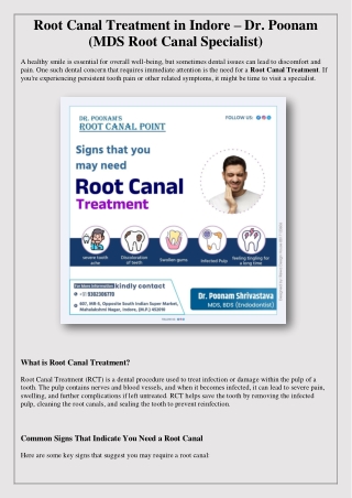 Root Canal Treatment in Indore – Dr. Poonam (MDS Root Canal Specialist)