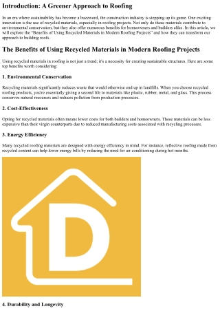 Benefits of Using Recycled Materials in Modern Roofing Projects