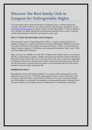 Why is V Club Is The Best Family Club in Gurgaon