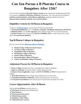 Can You Pursue a B Pharma Course in Bangalore After 12th?