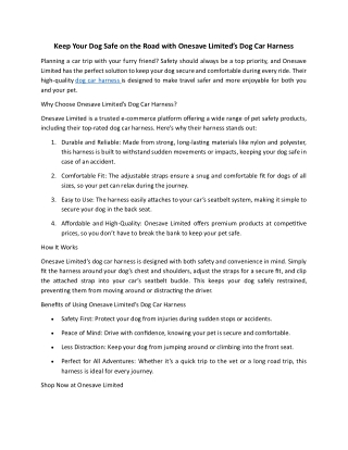 Keep Your Dog Safe on the Road with Onesave Limited Dog Car Harness