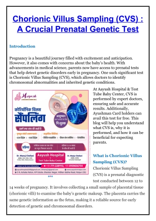Chorionic Villus Sampling - Ayush Hospital Center