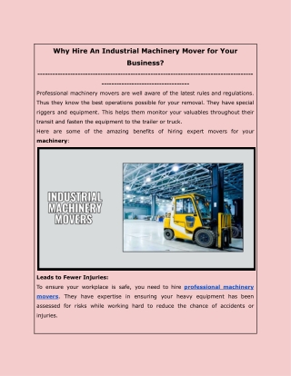 Why Hire An Industrial Machinery Mover for Your Business?
