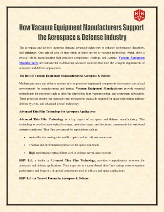 How Vacuum Equipment Manufacturers Support the Aerospace & Defense Industry