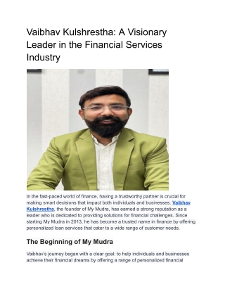 Vaibhav Kulshrestha A Visionary Leader in the Financial Services Industry