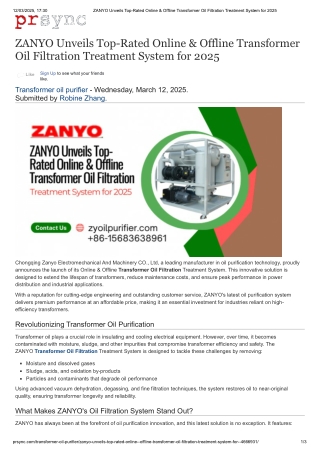 ZANYO Unveils Top-Rated Online & Offline Transformer Oil Filtration Treatment System for 2025